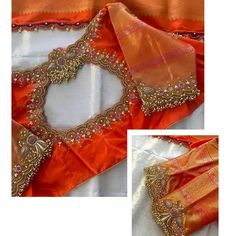 Maggam Work On Printed Blouse, Blouse Designs For Red Pattu Saree, Blouse Designs For Printed Blouse, Full Border Blouse Designs, Maggam Work Blouses For Pattu Sarees, Blouse Back Neck Embroidery Designs, Orange Colour Blouse Designs, Orange Blouse Maggam Work Designs, Bridal Blouse Work Designs