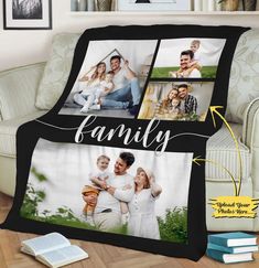 a family blanket with four photos on it