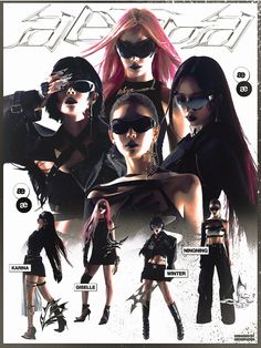 an advertisement for a fashion show featuring women in black outfits and sunglasses, with the caption's description below