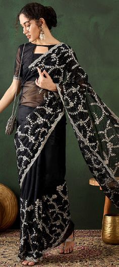 Black and Grey color Saree in Shimmer fabric with Embroidered, Stone, Thread work Formal Black Embroidered Saree, Black Embroidered Blouse For Festivals, Black Embroidered Blouse Piece For Wedding, Black Wedding Blouse Piece With Intricate Embroidery, Black Embroidered Wedding Blouse Piece, Black Embroidered Fabric With Zari Work For Reception, Black Blouse With Resham Embroidery For Reception, Black Embroidered Dupatta For Reception, Black Embroidered Blouse Piece For Reception