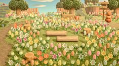 an animated garden with flowers and trees in the background, including two wooden logs on the ground