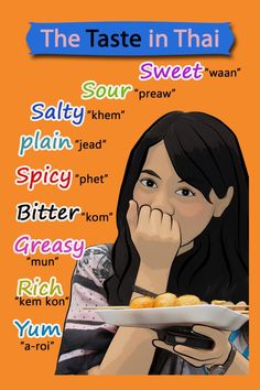 a woman holding a plate with food on it and the words in different languages above her