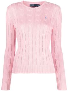 Juliana cable-knit jumper from POLO RALPH LAUREN featuring light pink, cotton, cable knit, signature Polo Pony motif, round neck, long sleeves, straight hem and ribbed cuffs and hem. Polo Ralph Lauren Sweater, Polo Pony, Ralph Lauren Logo, Cable Knit Jumper, Ralph Lauren Long Sleeve, Ralph Lauren Sweater, Knitwear Design, Knitted Jumper, Dream Clothes