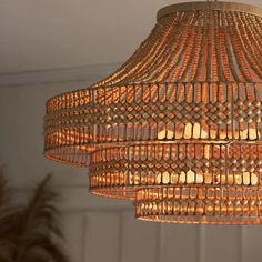 a chandelier hanging from the ceiling in a room with a potted plant