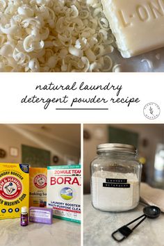 the ingredients for homemade laundry detergent powder recipe are shown in three different pictures, including soap bar and oatmeal