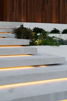 concrete steps lit up with led lights in front of a wall and planter area