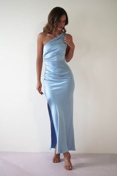 Thessy Soft Satin Maxi Dress | Blue Bridesmaid Dresses Light Blue Silk, Wedding Guest Dress Bridesmaid, Ice Blue Maxi Dress, Light Turquoise Dress, Satin Blue Bridesmaid Dresses, Blue Silk Bridesmaid Dress, Blue Bridesmaid Dresses Modest, Spring Wedding Guest Dress Classy, Dusty Blue Formal Dress