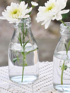 two glass vases with water and flowers in them