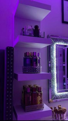 purple lighting in a room with shelves and mirrors