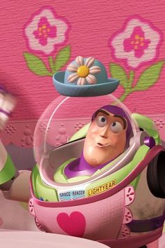 the character buzz lightyear from toy story is flying through the air with a flower on his head