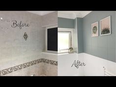 before and after pictures of a bathroom remodel with white tile on the walls