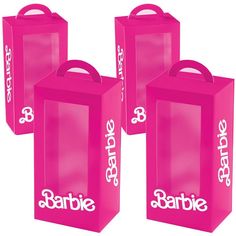 three pink bags with the word barbie on them are shown in front of each other