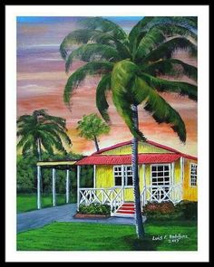 a painting of a yellow house with palm trees