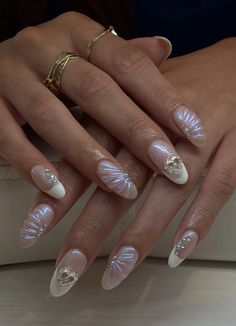 Shimmer Nails With Design, Pearlesant Nails, Opal Nails With Design, Summer Nail Inspo Tapered Square, Elongated French Tip, Erica Titus Nails, Raised Nail Art, Nail Sequins Art Designs, Gel Nails Ideas Korean