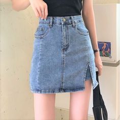 High Waist Slit Denim Mini Pencil Skort Size S M L XL Waist Hips Total Length 62 84 38 66 88 39 70 92 40 74 96 41 measurement is cm.Product Information Material: 95% Polyester Color: Blue Wash care: Hand Wash, Machine Wash High Waisted Short Skirt, Korean Fashion Shorts, Estilo Harajuku, Denim Skirt Fashion, Womens Denim Skirts, High Waisted Denim Skirt, Cargo Skirt, Denim Midi Skirt, Jeans Rock