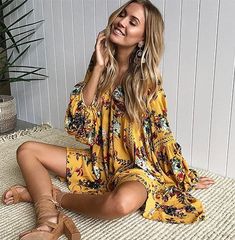 Material: Cotton, RayonDecoration: Hollow OutLength: Above Knee, MiniSleeve Style: Lantern SleeveNeckline: V-Neck Fall Floral Print V-neck Boho Dress, Fall Boho V-neck Dress With Floral Print, Fall Boho Floral Print V-neck Dress, Yellow V-neck Boho Dress For Spring, Bohemian V-neck Dress For Fall Vacation, Long Sleeve V-neck Dress For Spring Beach, Bohemian V-neck Dress For Brunch, Long Sleeve V-neck Summer Dress For Beach, Summer Long Sleeve V-neck Beach Dress