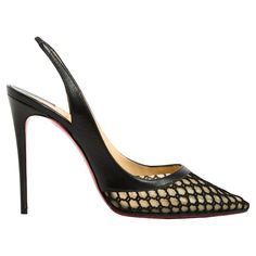 Christian Louboutin Kate 120 model pumps "Sling" version (back strap) in leather and black cord mesh on flesh-colored tulle, pointed toe, small interior platform at the front. Size 39EU (i.e. 5.5UK or 7.5US), heel 12 cm, inner platform 1 cm, insole 25 cm. The pumps appear to have been worn very little, resoled at Louboutin, and they are in very good condition. Louboutin Platform Heels, Louboutin Kate 100, Black Christian Louboutin Heels, Christian Louboutin Spike Heels, Christian Louboutin So Kate 120, Christian Louboutin Kate, Louboutin Spiked Heels, Back Strap, Platform Heels