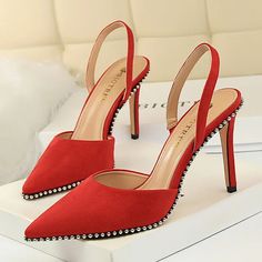 Black Red Apricot Wedding Rivet High Heels   Women Pumps Size 22232425262728343638404244464579101112 Note 1:Size tag of the shoes show Chinese size,which are not the European size.               but they are exactly the same length as the European size which you ordered.Note 2:Colors on your computer monitor may differ slightly from actual product colors,It depend on your monitor settings. Apricot Wedding, Crystal Wedding Shoes, Slingback Mules, Pointy Heels, Basic Heels, Ankle Strap Sandals Heels, Women Heels, Style Rock, Super High Heels