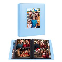 an open photo book with two photos on the front and one in the back, is shown