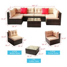 the measurements for an outdoor sectional sofa and coffee table are shown in three different views