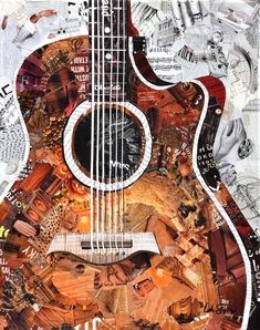 an acoustic guitar is surrounded by many different things