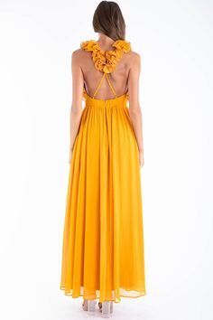 Halter Neck Maxi Dress, Ruffled Maxi Dress, Brands Outlet, Halter Neck, Mustard, Dress Outfits, Women Accessories, Maxi Dress, Things To Sell