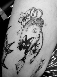 Studio ghibli tattoo - jiji Kiki's Delivery Service Tattoos, Studio Ghibli Tattoo Black And White, Ghibli Tattoo Kiki, Gigi Tattoo Studio Ghibli, Kiki Tattoos Studio Ghibli, Kikis Delivery Service Tattoo Minimalist, Jiji Tattoo Studio Ghibli, Jiji Kiki's Delivery Service Tattoo, Studio Ghibli Sleeve Tattoo