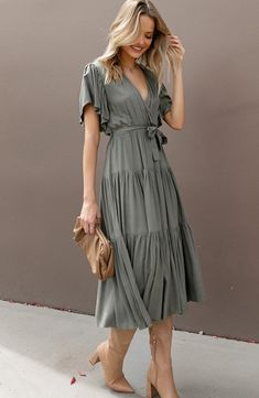 Whether you're off to brunch or your next day date, this versatile wrap-style dress with fluttery short sleeves can do it all. Slips on over head Surplice V-neck Short sleeves Elastic waist Removable sash Unlined 100% rayon Hand wash, line dry Imported Rustic Wedding Guest Dresses, Sage Green Dress Casual, Mountain Formal, Casual Bridesmaid Dresses, Petal And Pup, Everyday Clothes, Exclusive Clothing, Work Party, Guest Dress