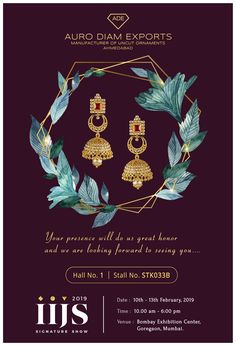 the flyer for an event with gold earrings and leaves