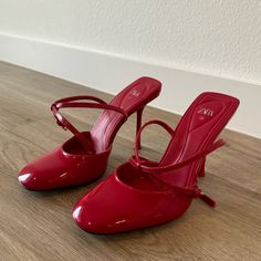 New, Never Worn. Size: European 38, Us 7 1/2 Heel:4,5 Inch Red Heels With Sculpted Heel, Red Pointed Toe Heels For Spring, Spring Red Pointed Toe Heels, Red Open Heels With Sculpted Heel, Red Open Heel With Sculpted Design, Red Open Heel With Sculpted Heel, Chic Red Closed Toe Heels, Trendy Red Heels For Formal Occasions, Chic Red Open Heel Heels