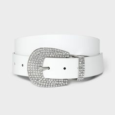 White faux-leather belt from Wild Fable™. Designed with a rhinestone-studded buckle closure and belt loop. Features 36-inch length with multiple holes for a customizable fit. If you're not satisfied with any Target Owned Brand item, return it within one year with a receipt for an exchange or a refund. Wild Fable™: A look for every story. Western Belts Outfit, Denim And Diamonds, White Tights, Zach Bryan, Branded Belts, Faux Leather Belts, White Belt, Western Belts, Rhinestone Studs