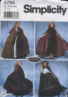 SIMPLICITY 5794 SEWING PATTERN MISSES' COSPLAY, OPERA CAPE WITH CLOAK, AND HOOD OPTIONS, BY TERESA NORDSTROM SIZES:  XSMALL (6-8) SMALL (10-12) MEDIUM (14-16) LARGE (18-20) SEE SIZE CHART IN LAST PICTURE CUT*/COMPLETE WITH INSTRUCTIONS/FOLDED NEATLY, cut on large.  All sizes and versioins available, pieces A1, A2 taped to 1 and 2 ENVELOPE CONDITION: it has storage wrinkles and creases, tattering on the edges top, and flap is missing, stained on the back *THIS IS A SEWING* PATTERN NOT **A FINISHE Cloak Sewing Pattern, Dress Pattern Free, Cloak Pattern, Cape With Hood, Simplicity Patterns Vintage, Cape Pattern, Costume Sewing Patterns, Hooded Cape, Costume Patterns