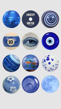 several different types of blue and white glass objects