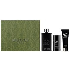 This Gucci Guilty 3 Piece Gift Set is your gateway to audacious confidence and playful rebellion. Featuring a full-size 3.0 OZ Eau de Toilette, a refreshing 1.7 OZ Shower Gel, and a long-lasting 2.4 OZ Deodorant, all infused with the iconic Gucci Guilty scent, it's the perfect indulgence for the man who lives life on his own terms. A Citrusy Aromatic Rebel Yell: Gucci Guilty bursts onto the scene with a vibrant opening of lemon and lavender, leaving a trail of invigorating freshness. The heart t Gucci Guilty, Perfume Set, Buy Gucci, Shower Gel, Deodorant, 3 Piece, Gift Set, Lavender, Long Lasting