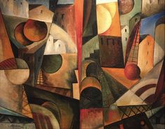 an abstract painting with many different shapes and colors on the subject, including buildings and trees