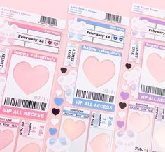 valentine's day stickers are arranged on a pink background with hearts and barcodes