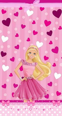 barbie doll with pink dress and hearts on the wall in front of a pink background