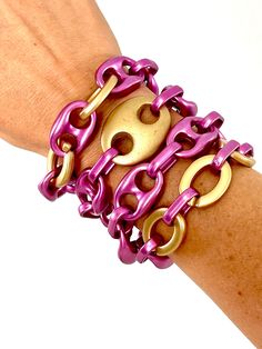 Lavender Guzzi Bulky Bracelet - Bulky Guzzi Links Plastic Bracelets - Matte finish - Bright Lavender Magenta and Golden oxide color links - Length: 7.5”, 8”, 8.5” Purple Metal Bracelets For Party, Purple Metal Bracelet For Party, Adjustable Purple Chain Bracelet, Plastic Bracelets, Online Jewelry Store, Jewelry Watches, Lavender, Handmade Jewelry, Online Store