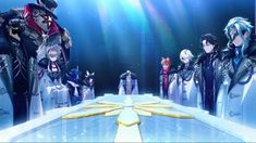 some anime characters are standing together in front of a blue background with bright lights and beams