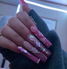 Long Bling Nails, Xl Nails Design, Pink Bling Acrylic Nails, Pink Gem Nails, Pink Flower Nails, Hard Nails, Drip Nails, Gel Nails Diy, Girly Acrylic Nails