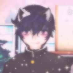 an anime character with black hair wearing a cat ears outfit and standing in front of a christmas tree