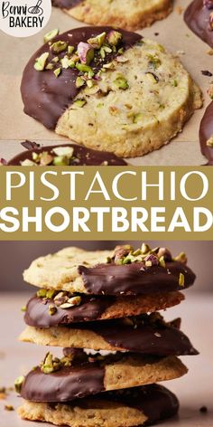 chocolate covered pistachio shortbread cookies stacked on top of each other with the words,