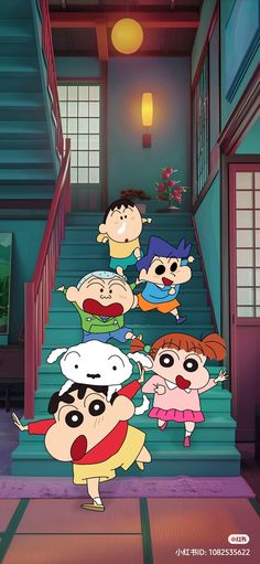 cartoon characters on the steps of a house