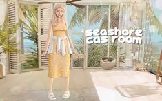 a woman in a yellow dress is standing near a window with the words seashore cat room on it