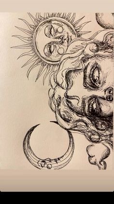 a drawing of a woman's face with the sun above her head and moon below it