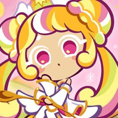 a cartoon girl with blonde hair and pink eyes holding a wand in her hand,