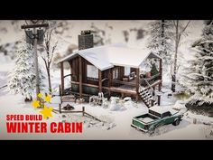 an image of a winter cabin with trees and cars in the foreground, snow on the ground