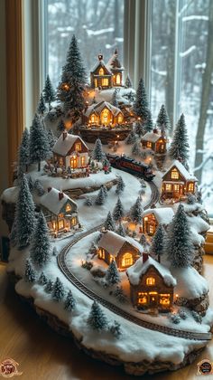 a christmas village is shown in front of a window