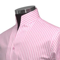 "Men's High Open V Collar Pink & White Standing Stripes, Vertical Stripes, Downward Stripes 100% Cotton Long Sleeves Dress Shirt MADE-TO-ORDER CLOTHES Shirt Style: Karl Lagerfeld Style/ High Chinese Mandarin Collar/ High Open V Collar Collar Style: 3\" High Stiff Buttonless Collar Pockets: Without pocket (Chest pocket can be added on request) Fabric: 100% Giza cotton soft & comfortable fabric Sleeves: Full Sleeves/ Long Sleeves Fine stitched (20-21 stitches per inch) Cleanly finished buttonholes Flat Felled Seams Hand cut and sewed individually High-quality tailoring Savile Row / British style collar Cuff: 4\" wide single cuff, with 3 buttons These shirts are made with a single cuff. For the double cuff, please leave us a message. * The shirts are made on order in our family-run workshop. Karl Lagerfeld Style, Karl Lagerfeld Fashion, Casual Grooms, Luxury Shirt, High Collar Shirts, Open Collar Shirt, Long Sleeve Cotton Dress, Formal Shirt Dress, Man Fashion