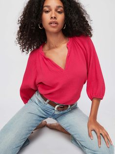 A modern version of the peasant style top in effortless, breezy Double Gauze. Elastic at 3/4 length voluminous sleeve. Raw hem. (This one comes in Hibiscus.) | Women's Mimi Blouse Top in Hibiscus | Ethical Essentials Daywear Tops With Blouson Sleeves And 3/4 Sleeve, Daywear Tops With Blouson 3/4 Sleeves, Summer Peasant Top With Balloon Sleeves And Relaxed Fit, Summer Brunch Blouse With 3/4 Sleeves, Versatile Summer Top With 3/4 Sleeves, Summer Tops With Blouson 3/4 Sleeves, Bohemian Balloon Sleeve Tops For Summer, Casual Top With Blouson 3/4 Sleeves, Casual Tops With Blouson 3/4 Sleeves